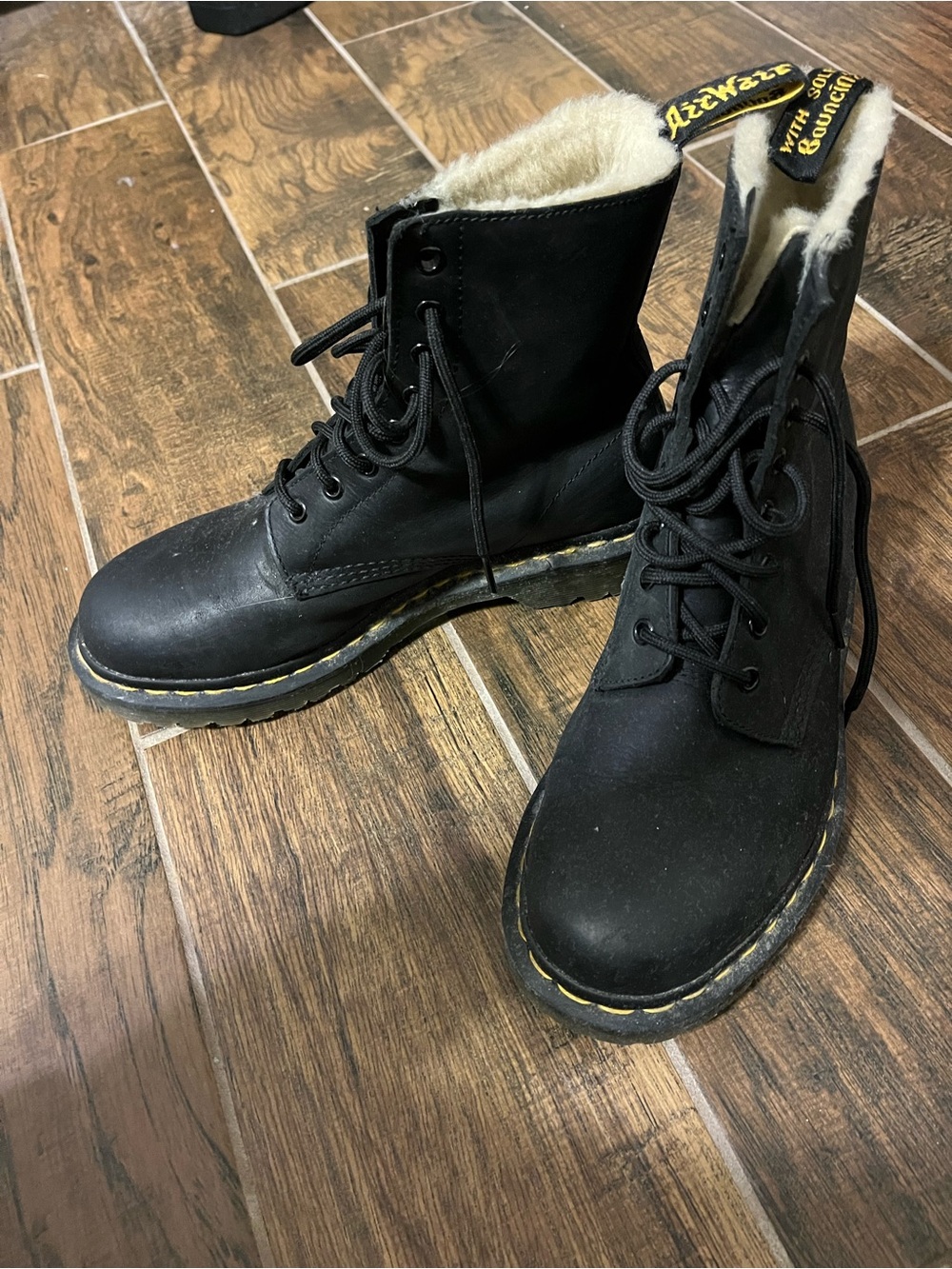 Dr. Martens Black Leather Lace-Up Boots with Shearling Collar